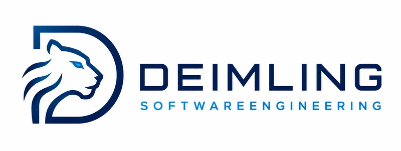 DSE-Logo: Tigerkopf im D-Monogramm, Schriftzug Deimling Softwareengineering